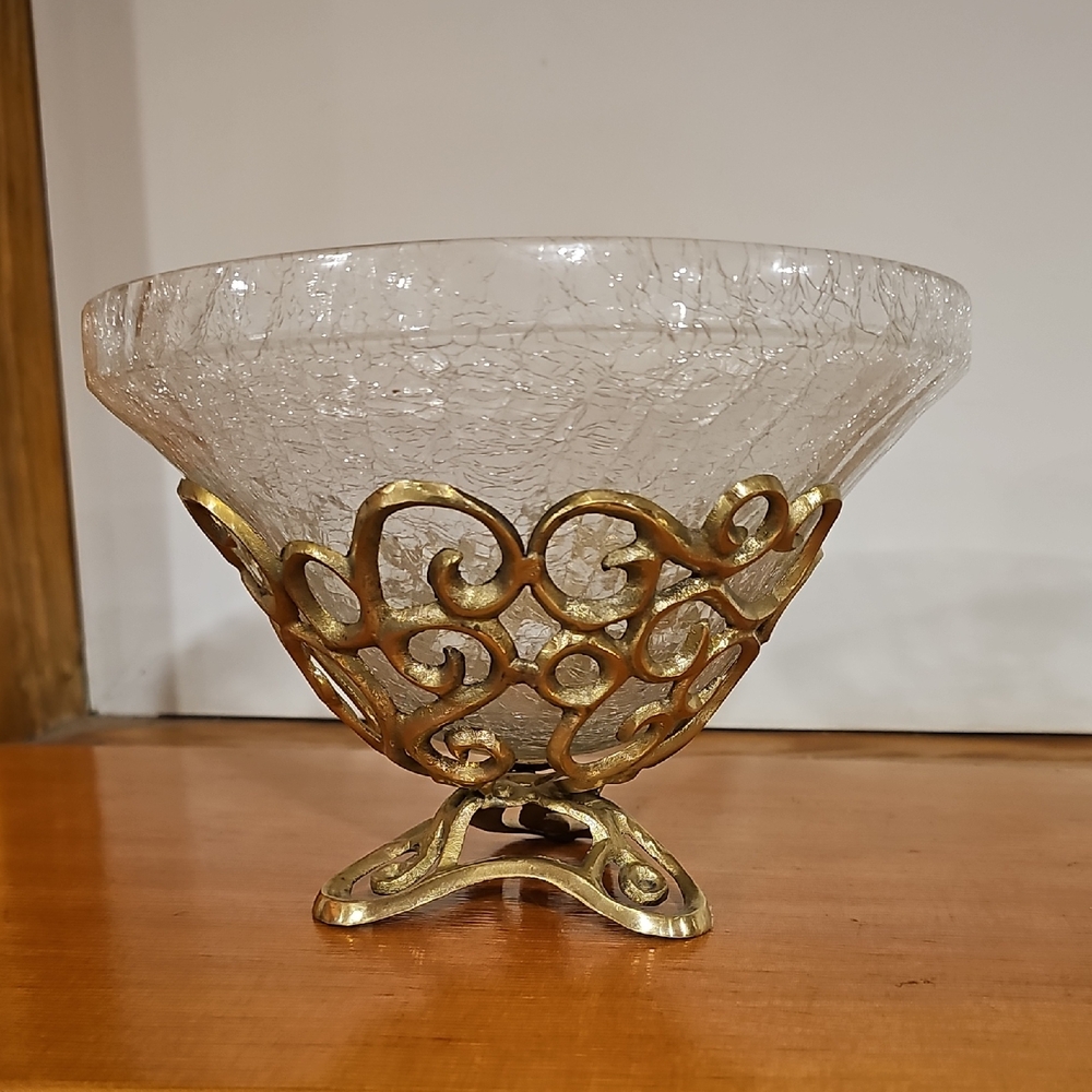 Elegant Glass And Brass Filligree Bowl